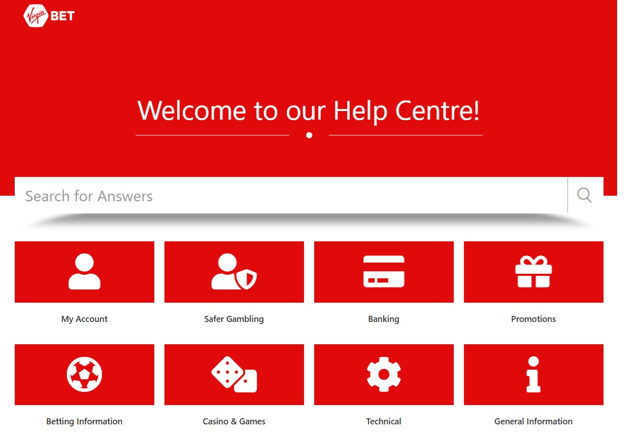 virgin bet help centre image displaying different areas of help and a search bar